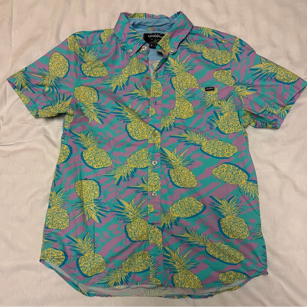 Chubbies‎ Mens Small Pineapple Tiger Stripe Short Sleeve Button Down Shirt Teal